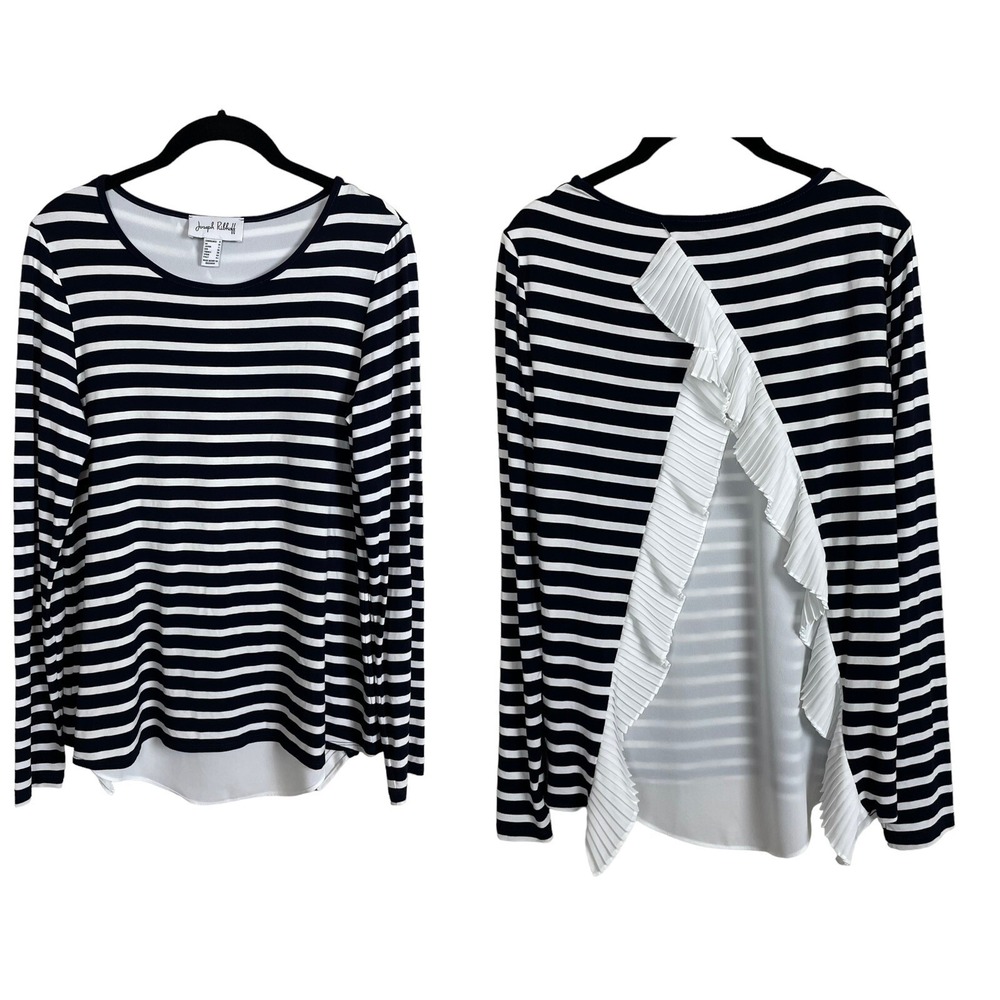 Joseph Ribkoff Black White Striped Ruffle Back L/S Blouse 8 Artsy Nautical